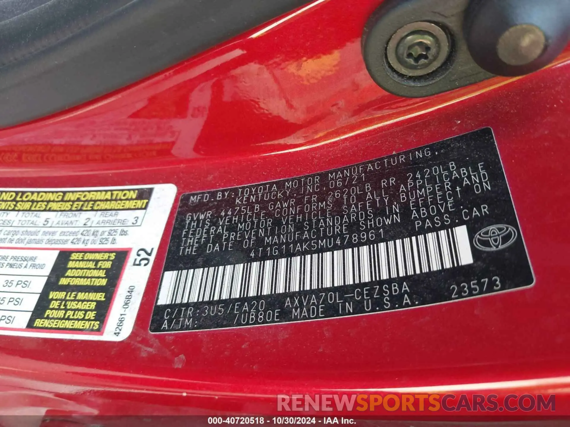 9 fotografías del automóvil dañado 4T1G11AK5MU478961 TOYOTA CAMRY 2021
