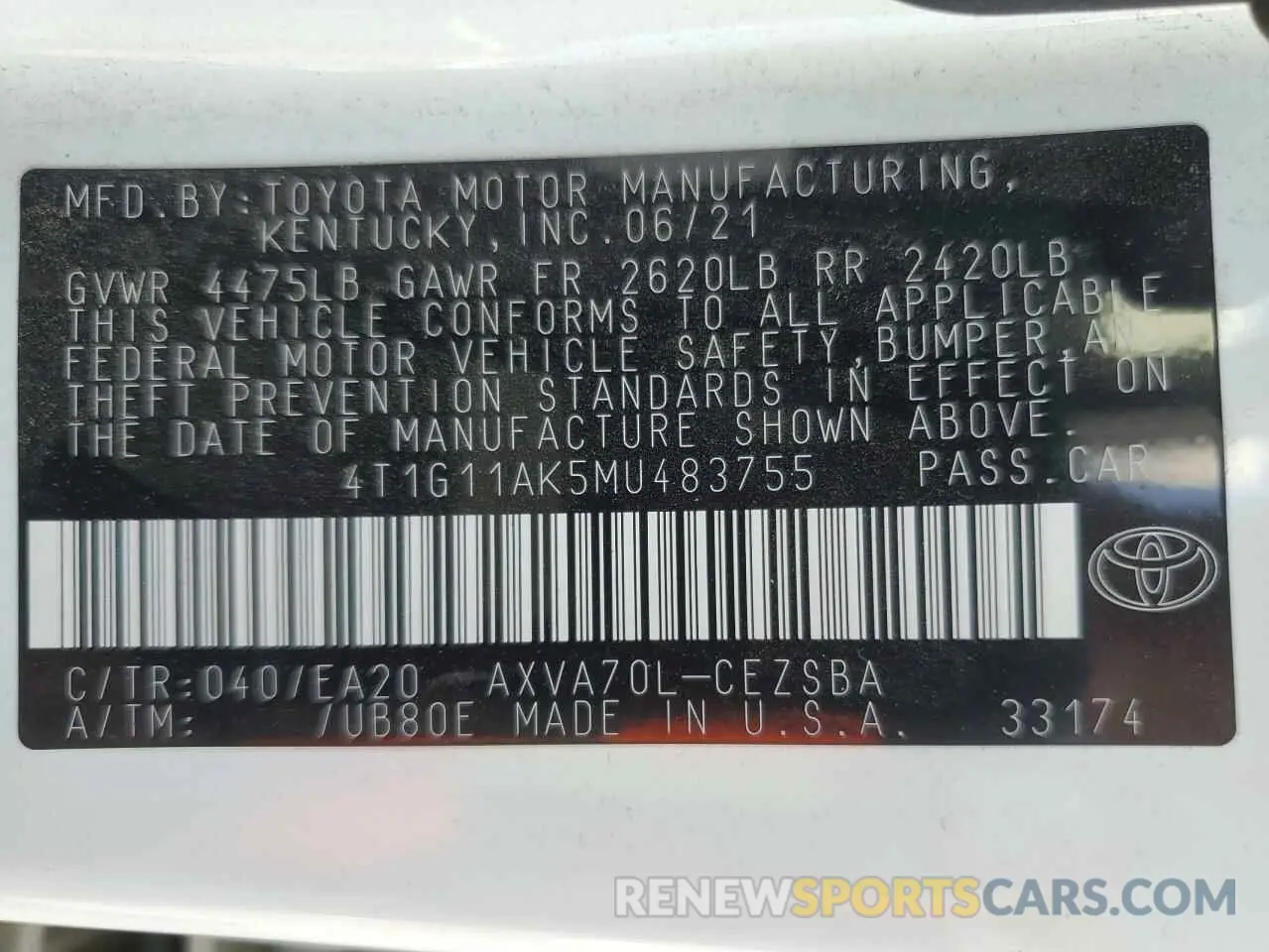 14 fotografías del automóvil dañado 4T1G11AK5MU483755 TOYOTA CAMRY 2021