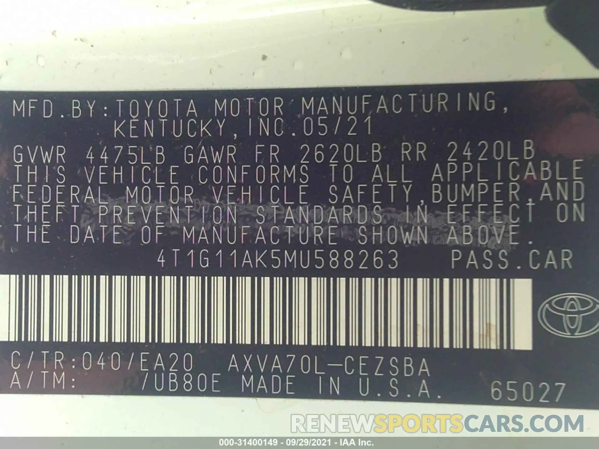 9 fotografías del automóvil dañado 4T1G11AK5MU588263 TOYOTA CAMRY 2021