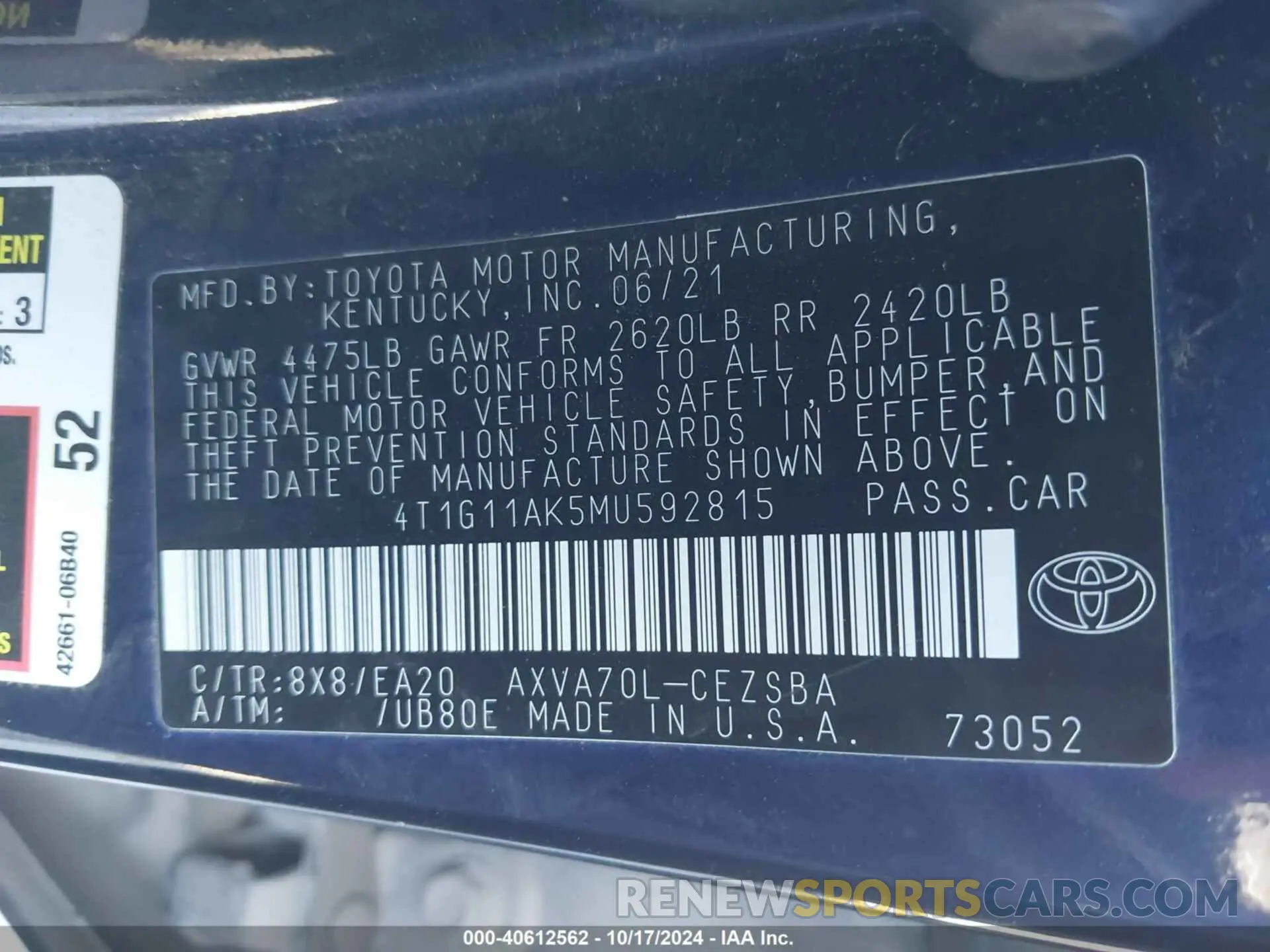 9 fotografías del automóvil dañado 4T1G11AK5MU592815 TOYOTA CAMRY 2021