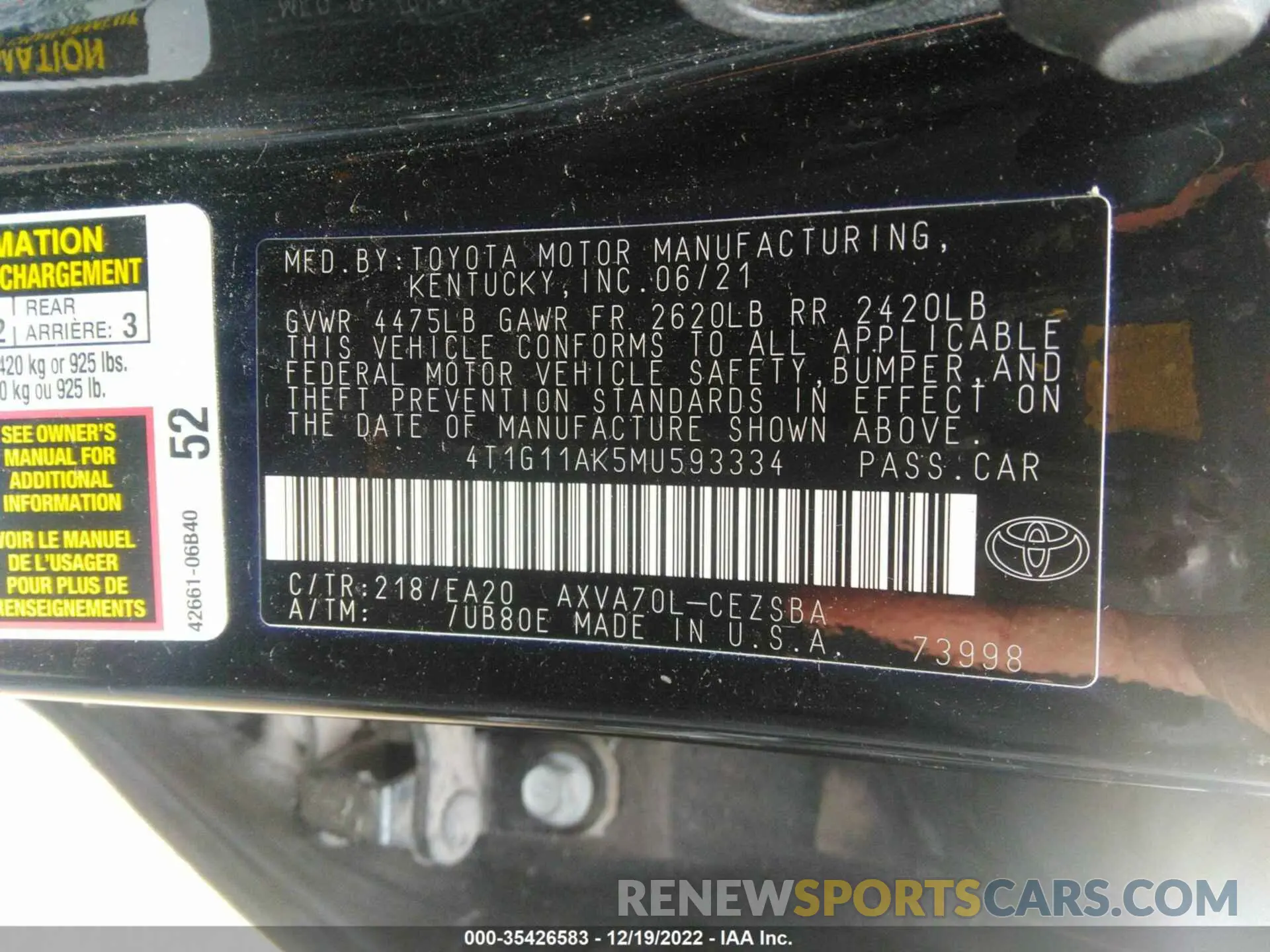9 fotografías del automóvil dañado 4T1G11AK5MU593334 TOYOTA CAMRY 2021