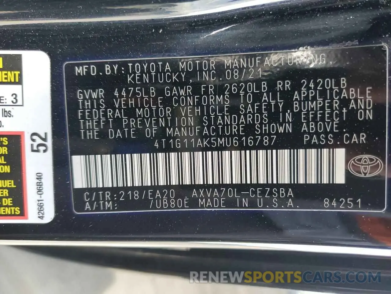 14 fotografías del automóvil dañado 4T1G11AK5MU616787 TOYOTA CAMRY 2021