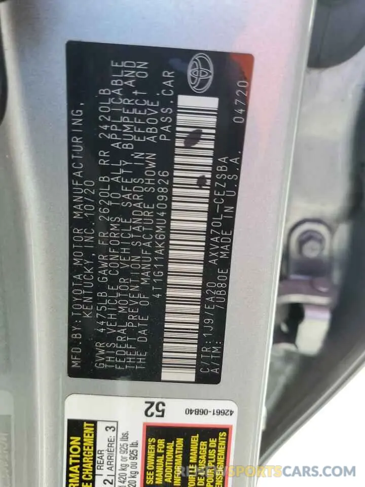 12 fotografías del automóvil dañado 4T1G11AK6MU409826 TOYOTA CAMRY 2021