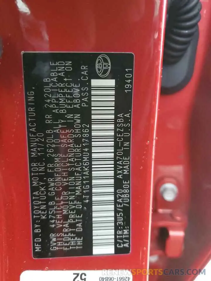 13 fotografías del automóvil dañado 4T1G11AK6MU417862 TOYOTA CAMRY 2021