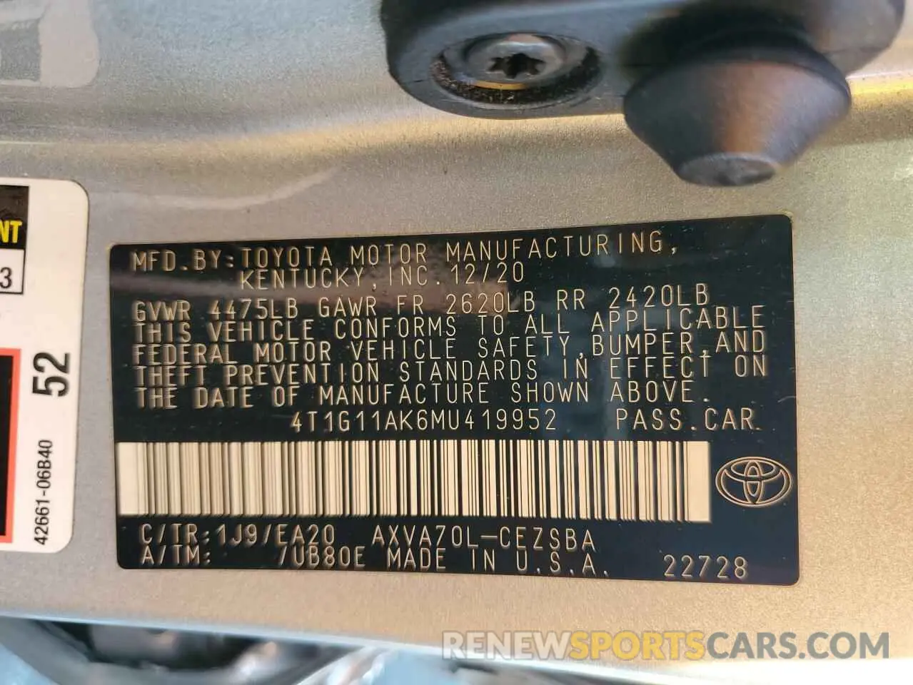 12 fotografías del automóvil dañado 4T1G11AK6MU419952 TOYOTA CAMRY 2021