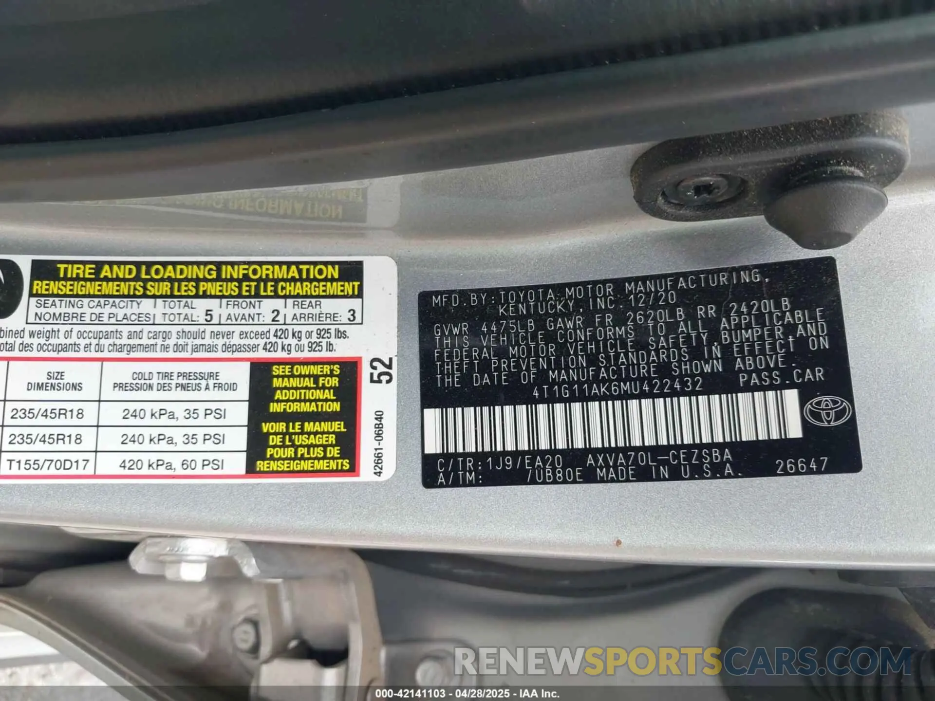 9 fotografías del automóvil dañado 4T1G11AK6MU422432 TOYOTA CAMRY 2021