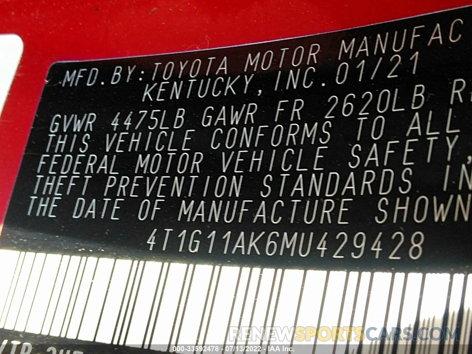 9 fotografías del automóvil dañado 4T1G11AK6MU429428 TOYOTA CAMRY 2021