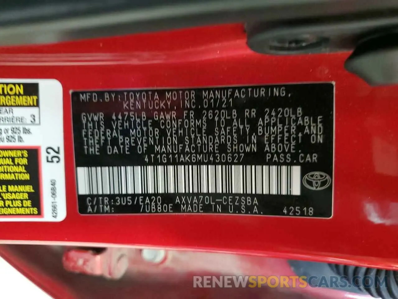 12 fotografías del automóvil dañado 4T1G11AK6MU430627 TOYOTA CAMRY 2021