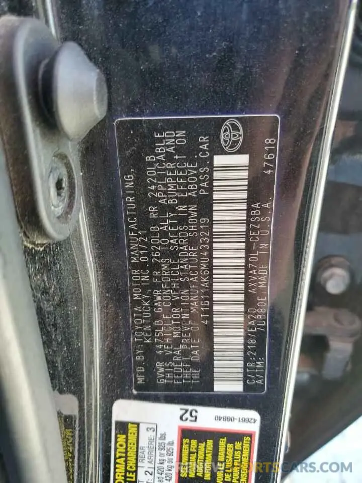 12 fotografías del automóvil dañado 4T1G11AK6MU433219 TOYOTA CAMRY 2021