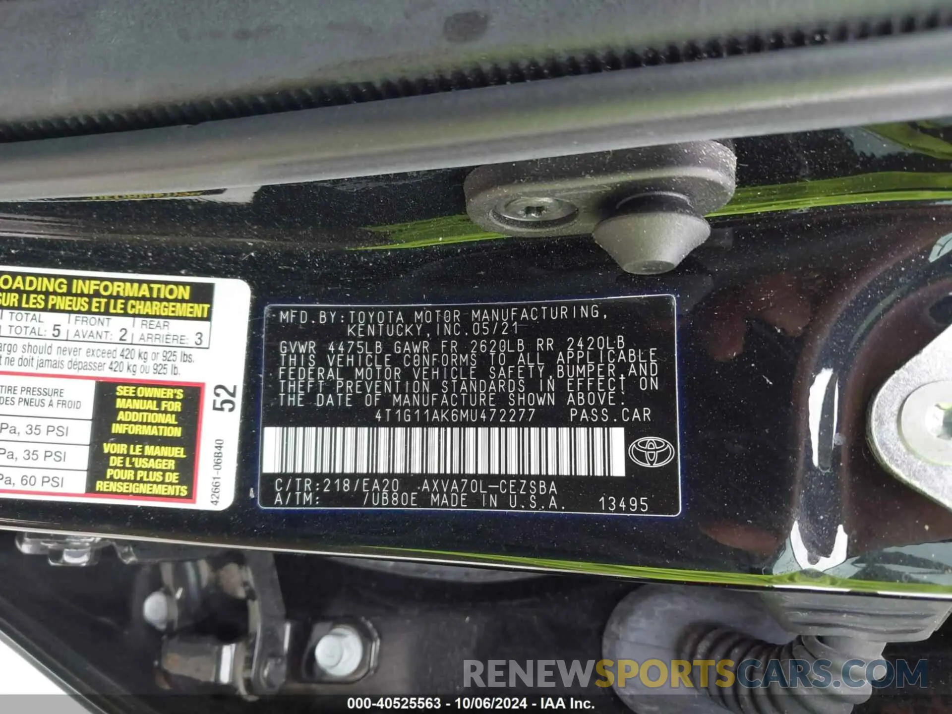 9 fotografías del automóvil dañado 4T1G11AK6MU472277 TOYOTA CAMRY 2021