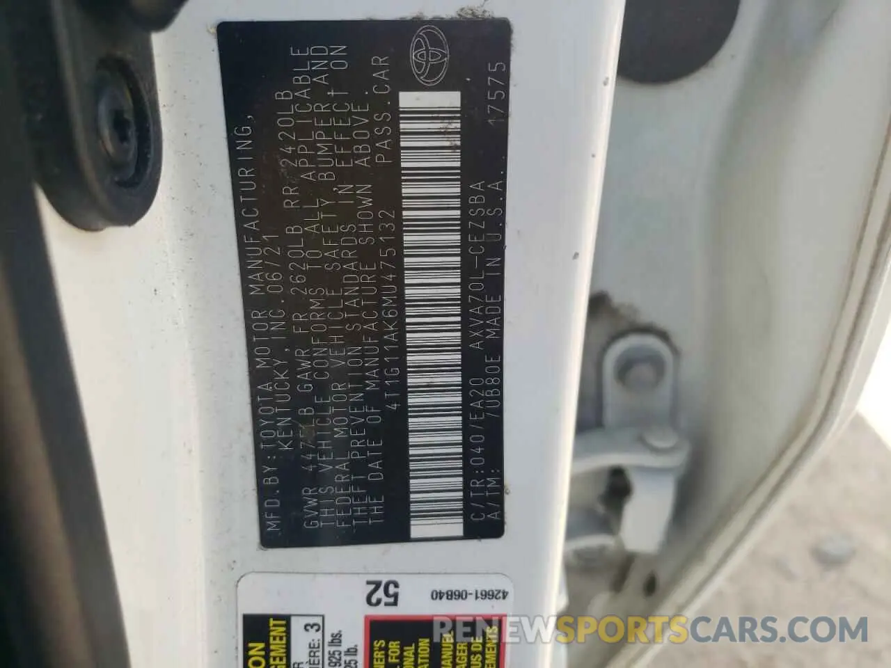 12 fotografías del automóvil dañado 4T1G11AK6MU475132 TOYOTA CAMRY 2021