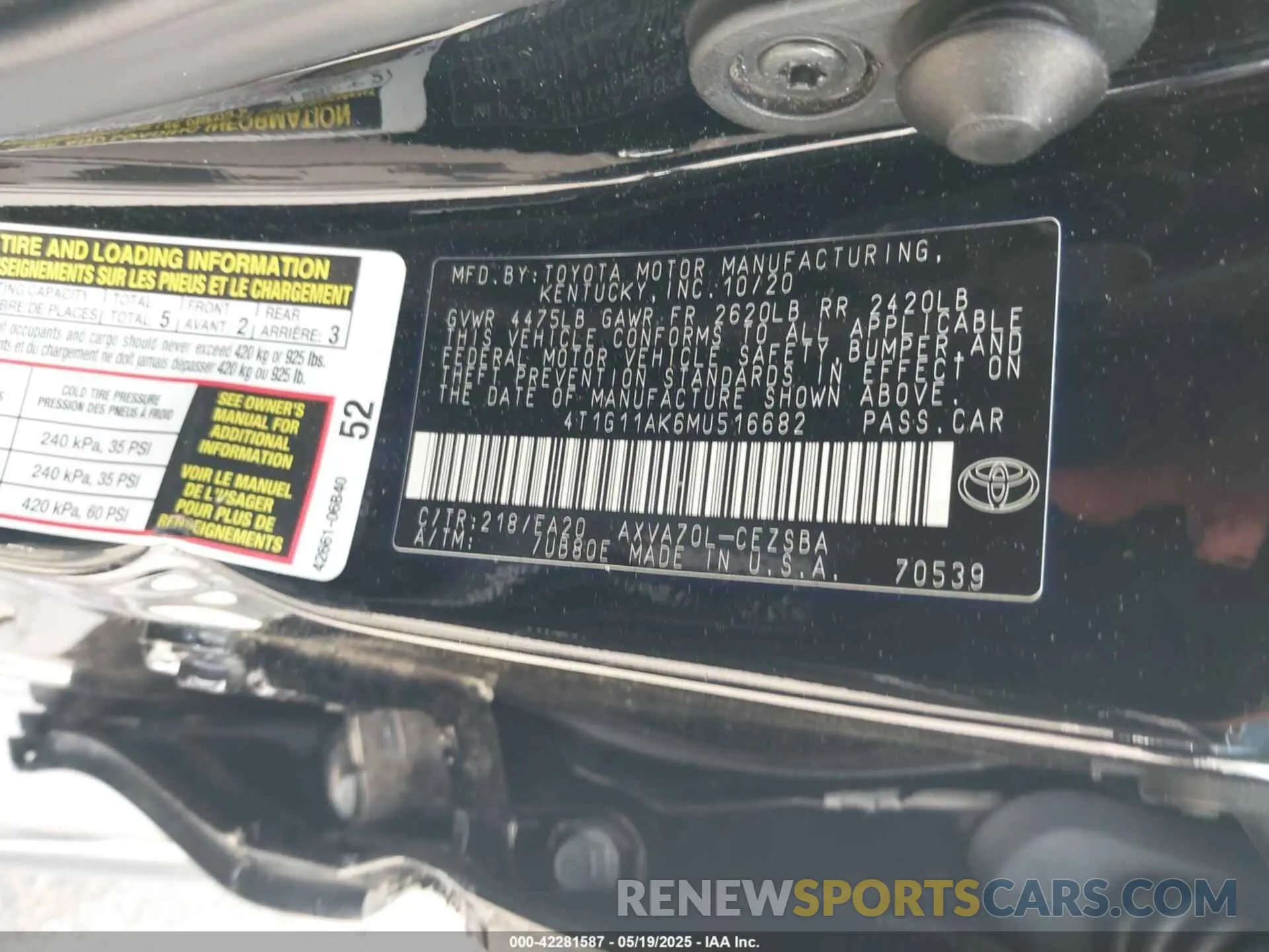 9 fotografías del automóvil dañado 4T1G11AK6MU516682 TOYOTA CAMRY 2021