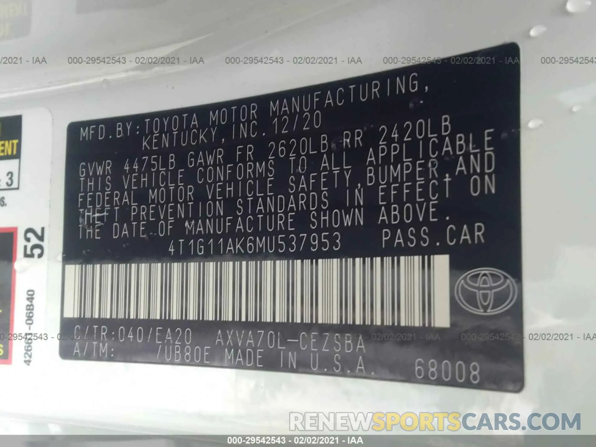 9 fotografías del automóvil dañado 4T1G11AK6MU537953 TOYOTA CAMRY 2021