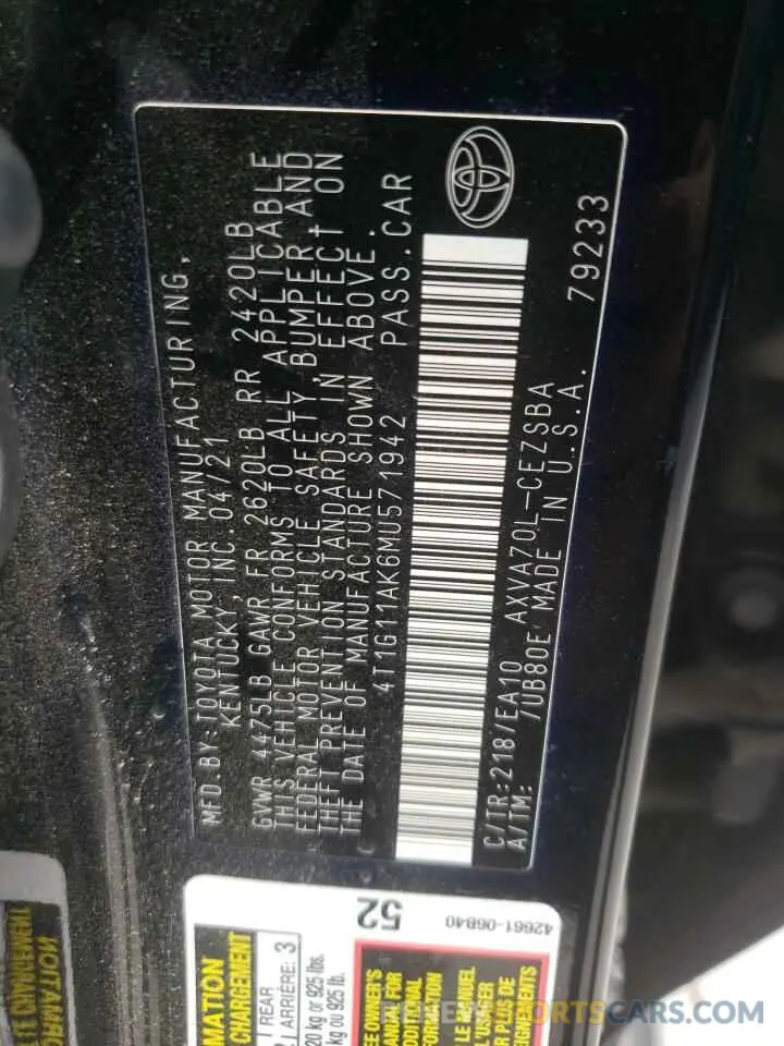 12 fotografías del automóvil dañado 4T1G11AK6MU571942 TOYOTA CAMRY 2021