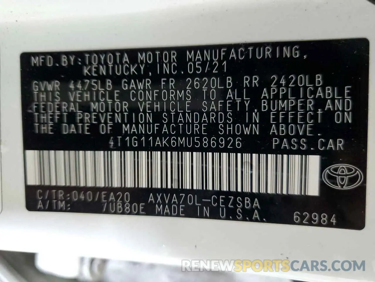 12 fotografías del automóvil dañado 4T1G11AK6MU586926 TOYOTA CAMRY 2021