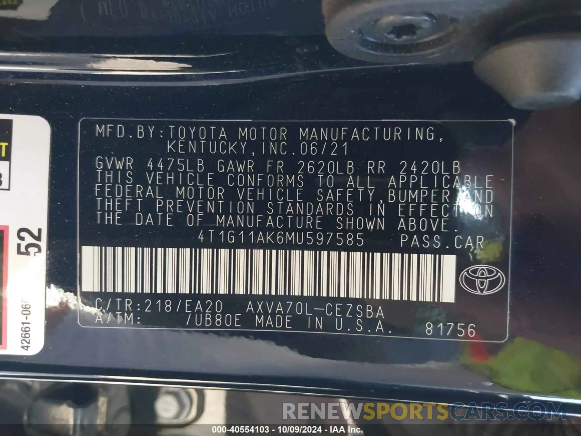9 fotografías del automóvil dañado 4T1G11AK6MU597585 TOYOTA CAMRY 2021