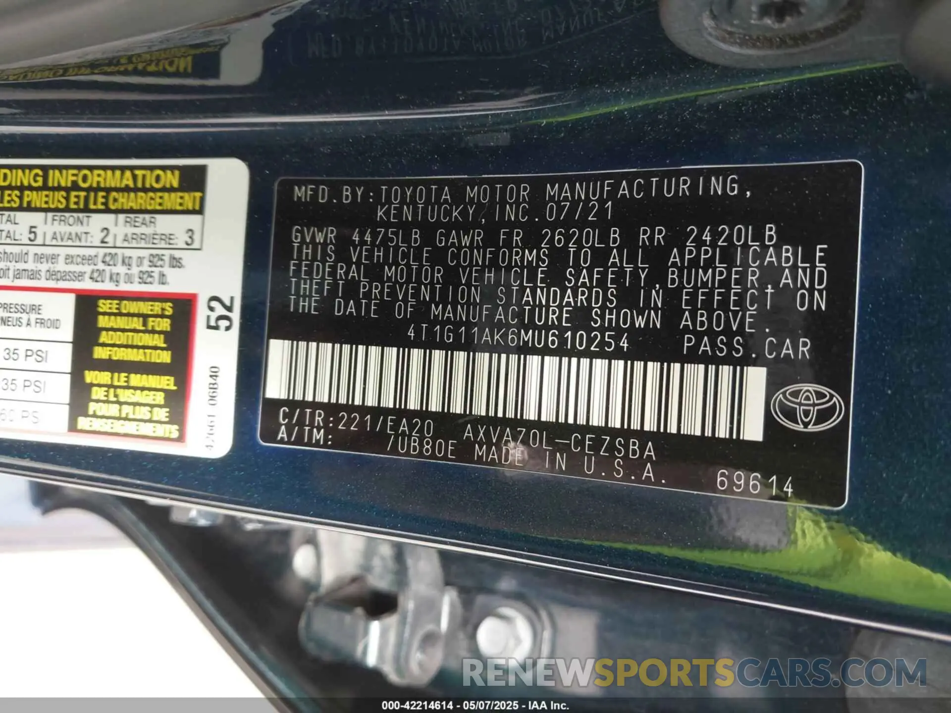 9 fotografías del automóvil dañado 4T1G11AK6MU610254 TOYOTA CAMRY 2021