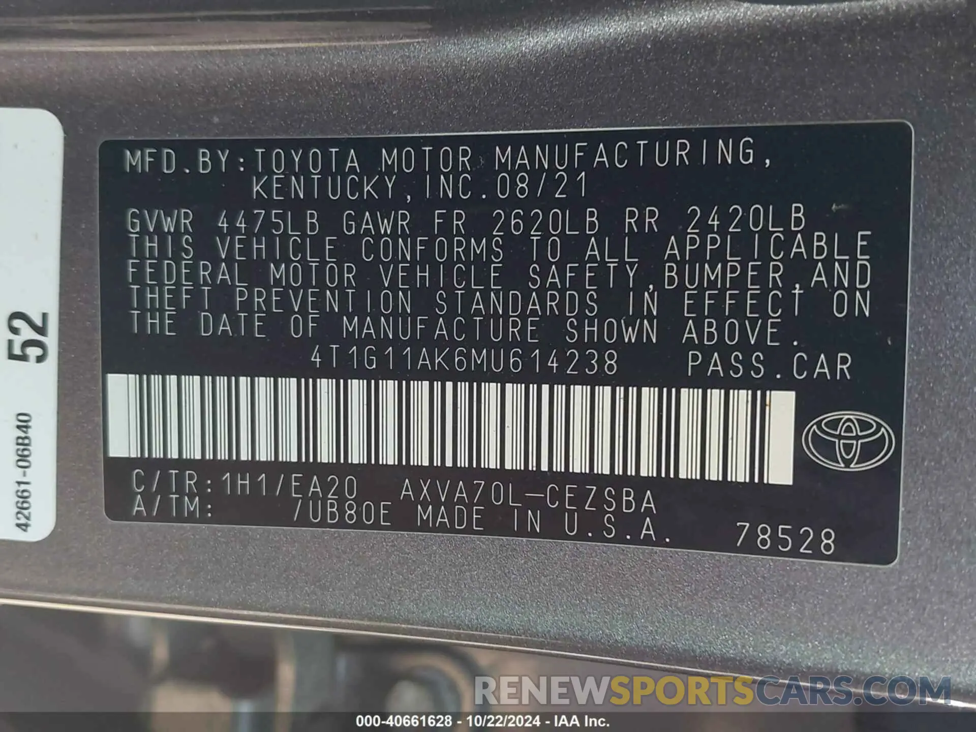 9 fotografías del automóvil dañado 4T1G11AK6MU614238 TOYOTA CAMRY 2021