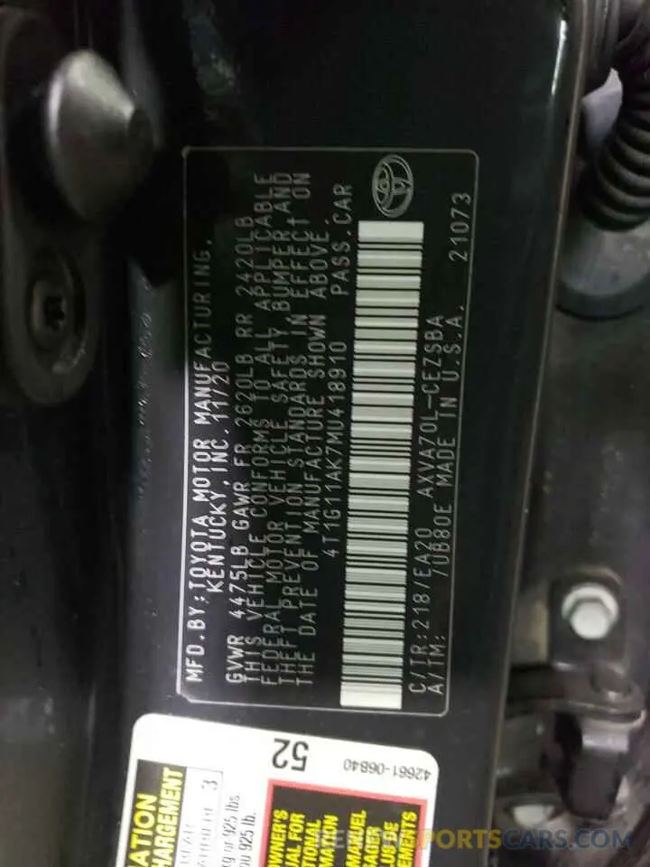 12 fotografías del automóvil dañado 4T1G11AK7MU418910 TOYOTA CAMRY 2021