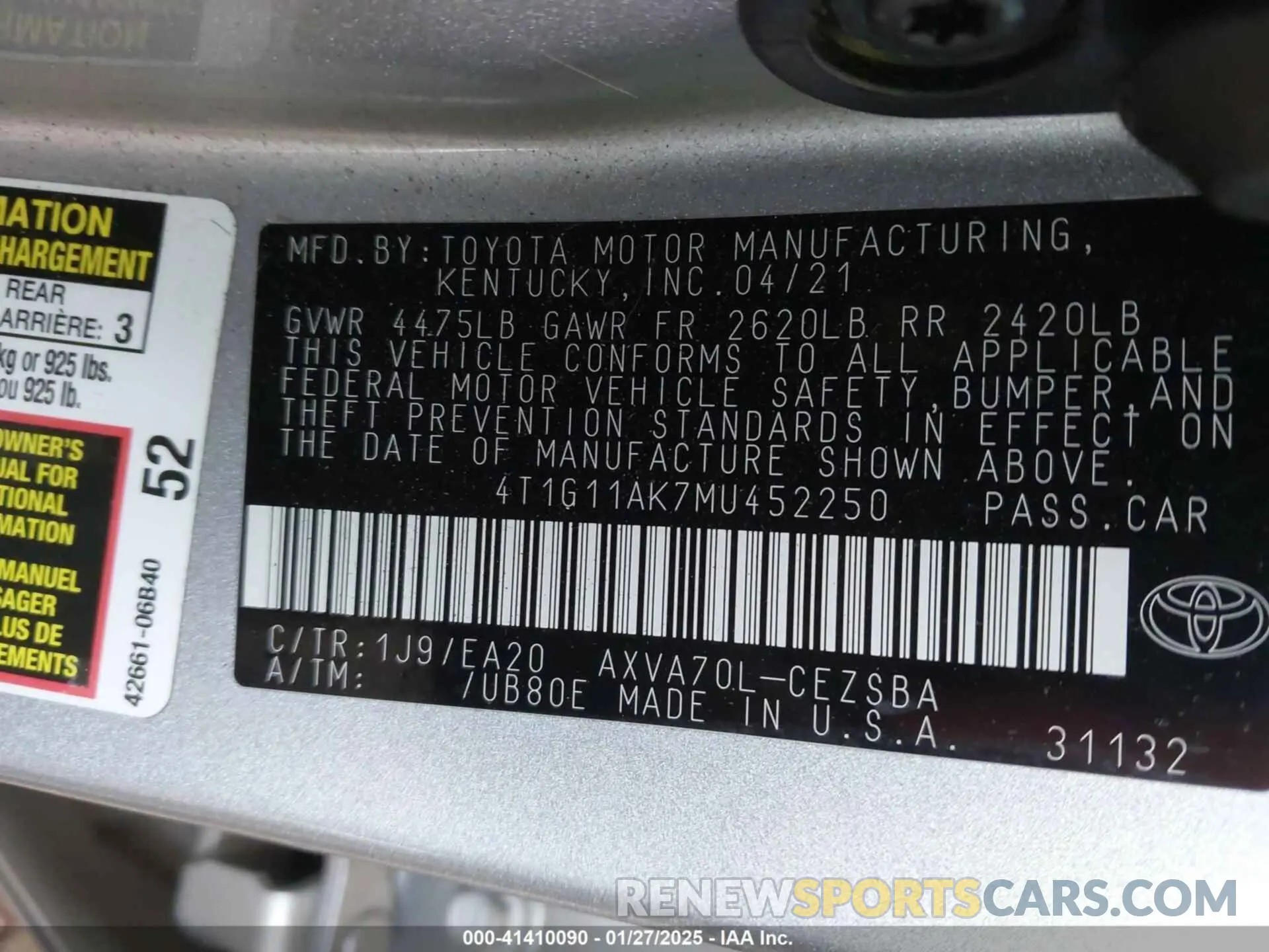 9 fotografías del automóvil dañado 4T1G11AK7MU452250 TOYOTA CAMRY 2021