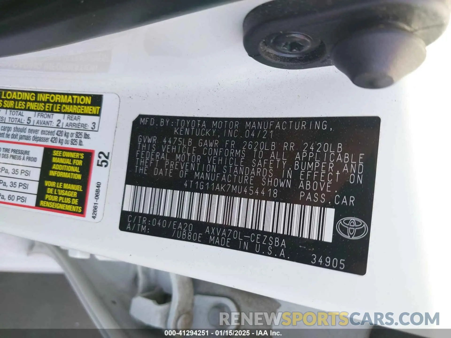 9 fotografías del automóvil dañado 4T1G11AK7MU454418 TOYOTA CAMRY 2021