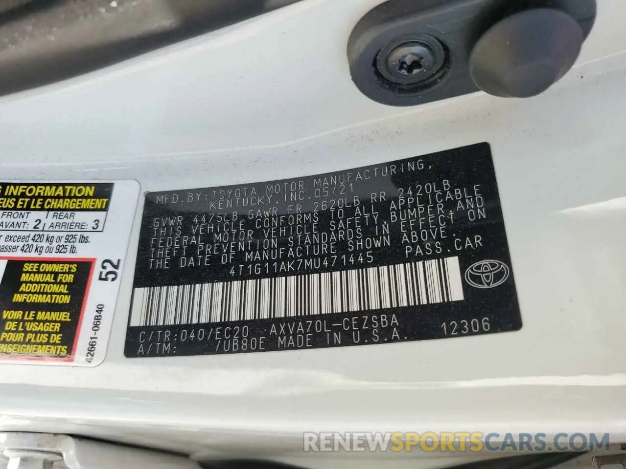 12 fotografías del automóvil dañado 4T1G11AK7MU471445 TOYOTA CAMRY 2021