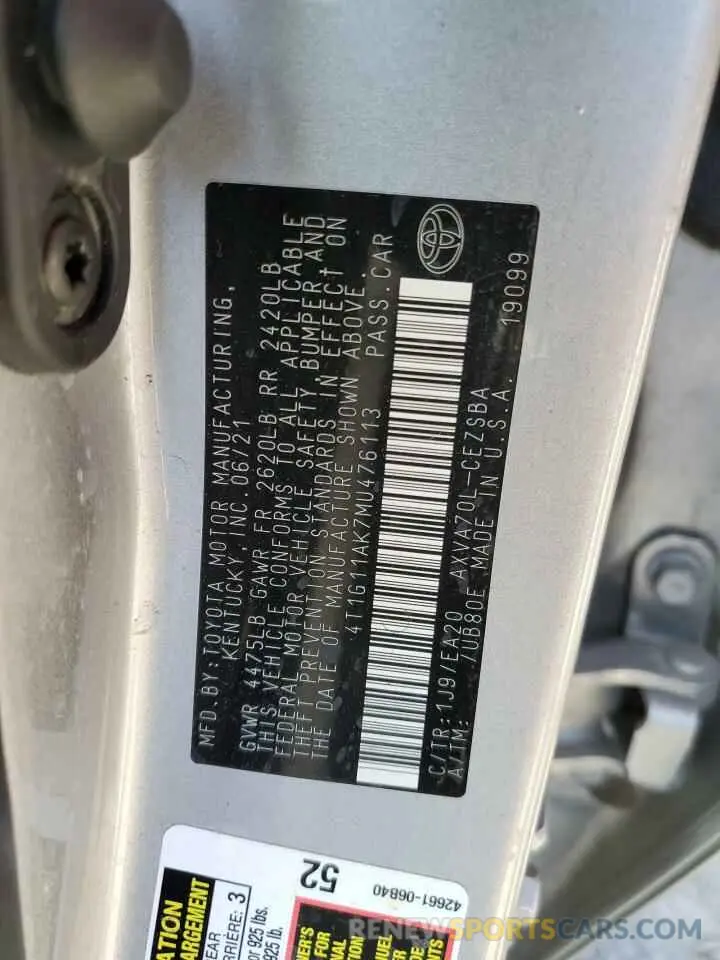 13 fotografías del automóvil dañado 4T1G11AK7MU476113 TOYOTA CAMRY 2021