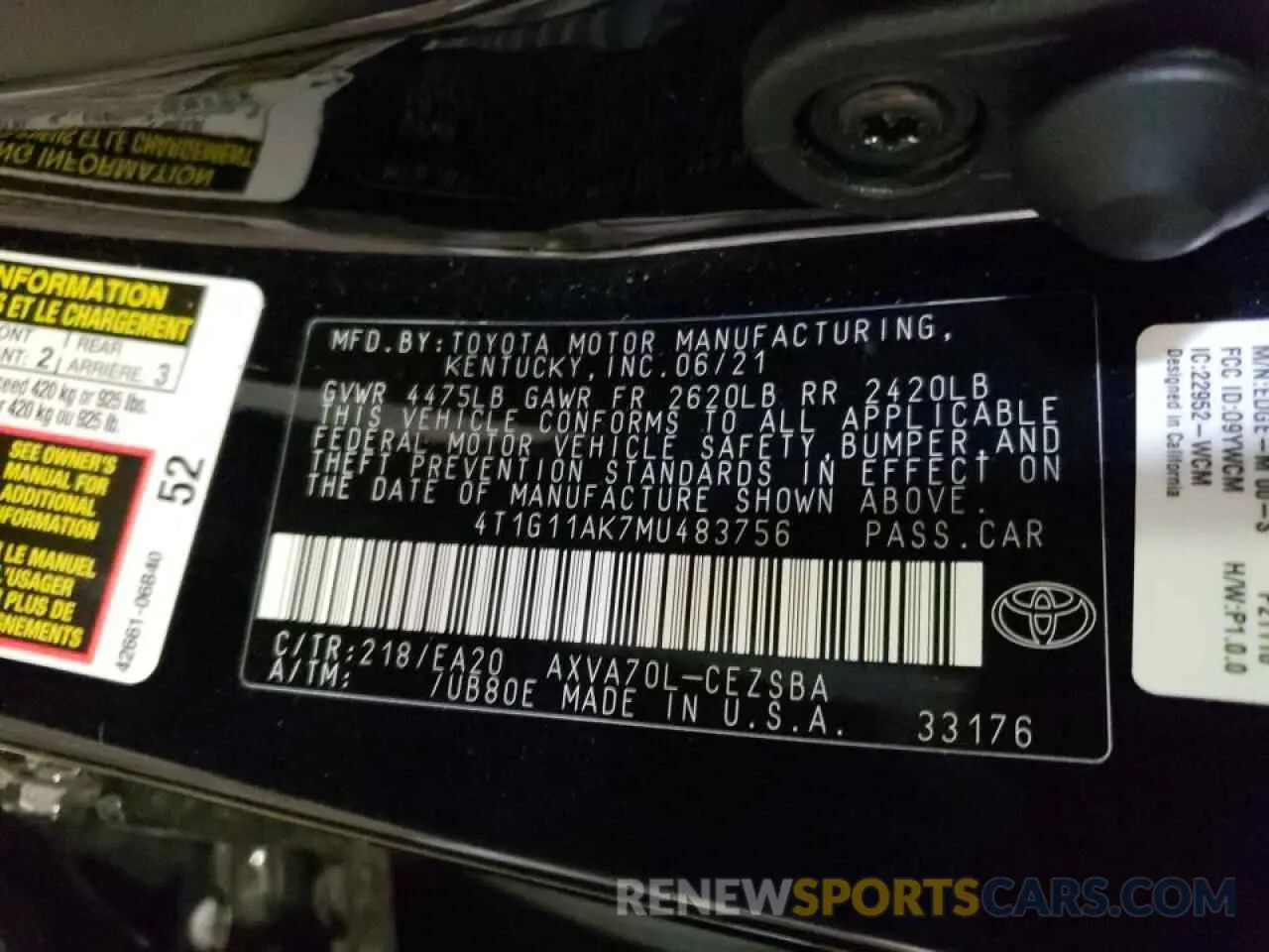 10 fotografías del automóvil dañado 4T1G11AK7MU483756 TOYOTA CAMRY 2021