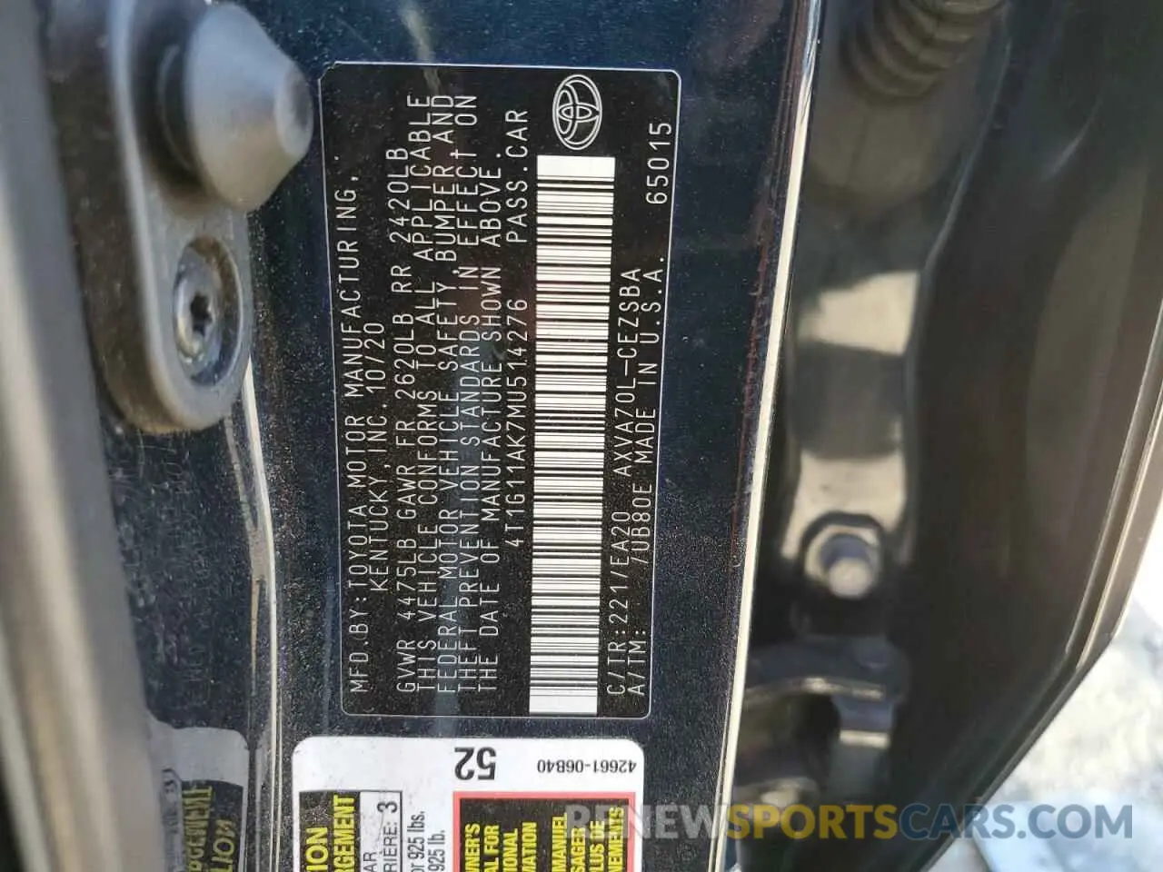 12 fotografías del automóvil dañado 4T1G11AK7MU514276 TOYOTA CAMRY 2021