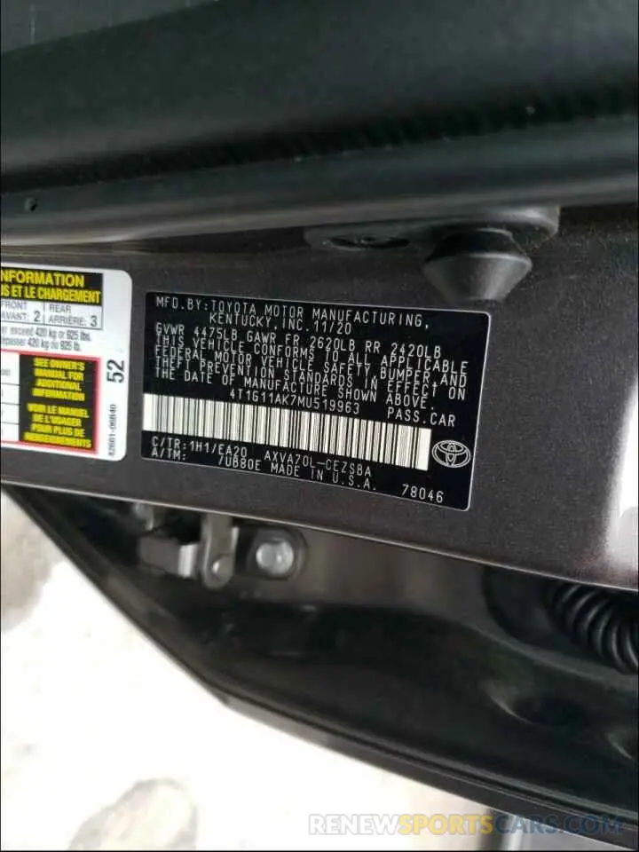 10 fotografías del automóvil dañado 4T1G11AK7MU519963 TOYOTA CAMRY 2021