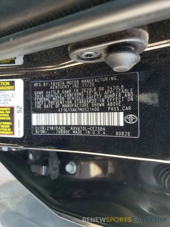 10 fotografías del automóvil dañado 4T1G11AK7MU521406 TOYOTA CAMRY 2021