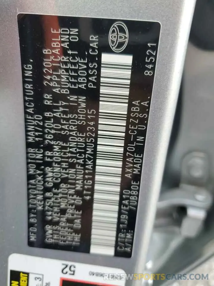 12 fotografías del automóvil dañado 4T1G11AK7MU523415 TOYOTA CAMRY 2021