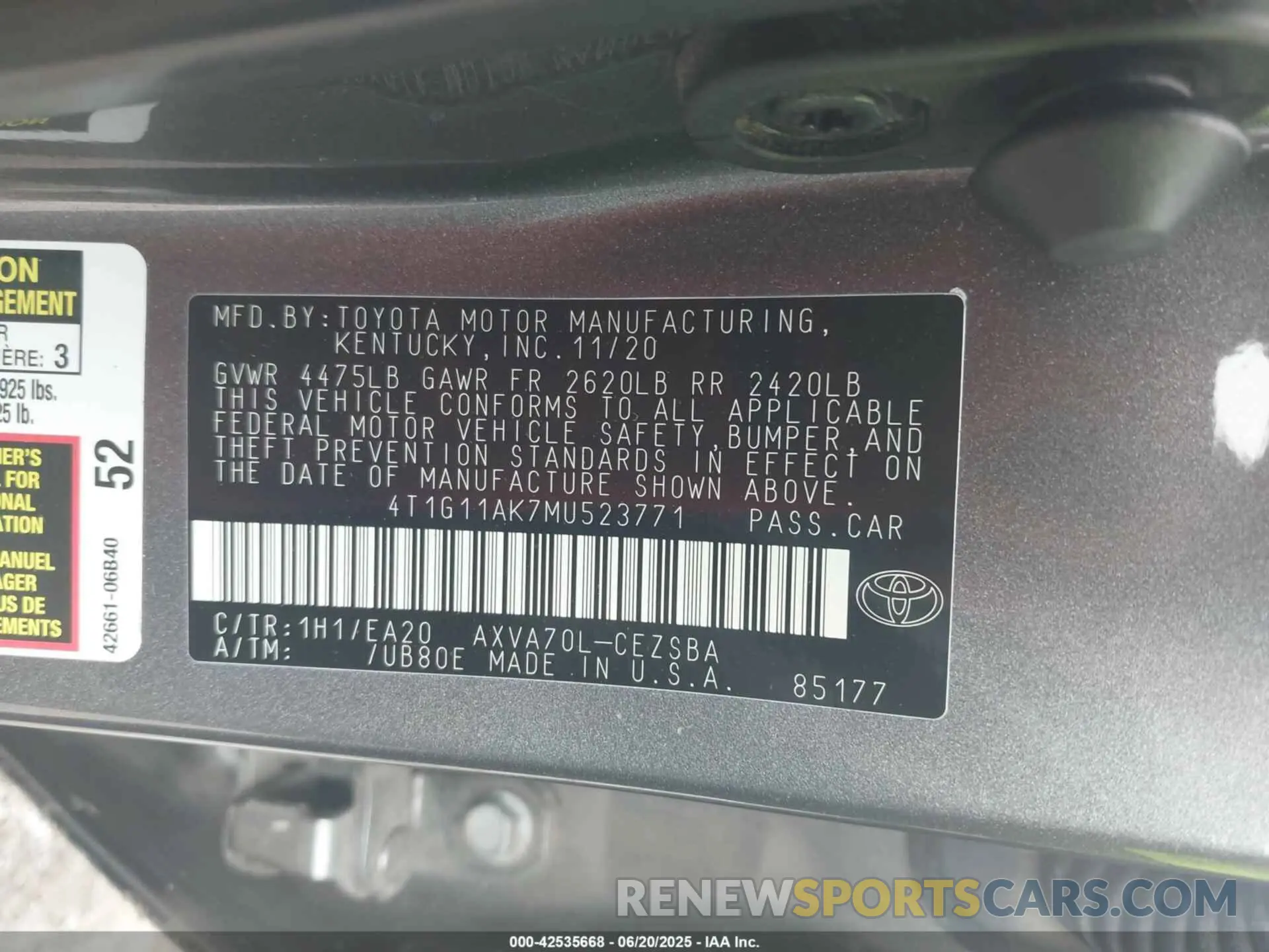 9 fotografías del automóvil dañado 4T1G11AK7MU523771 TOYOTA CAMRY 2021