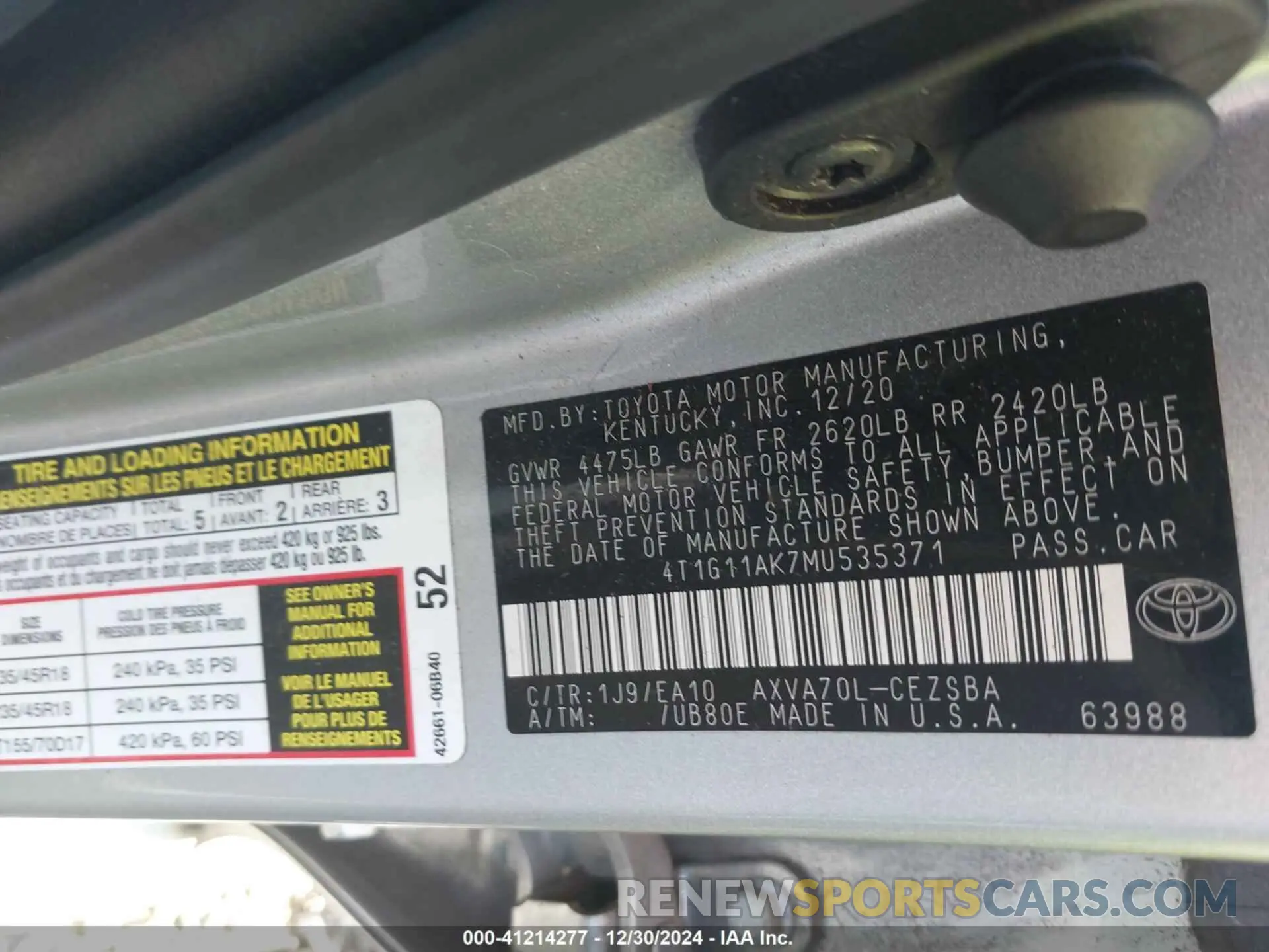 9 fotografías del automóvil dañado 4T1G11AK7MU535371 TOYOTA CAMRY 2021