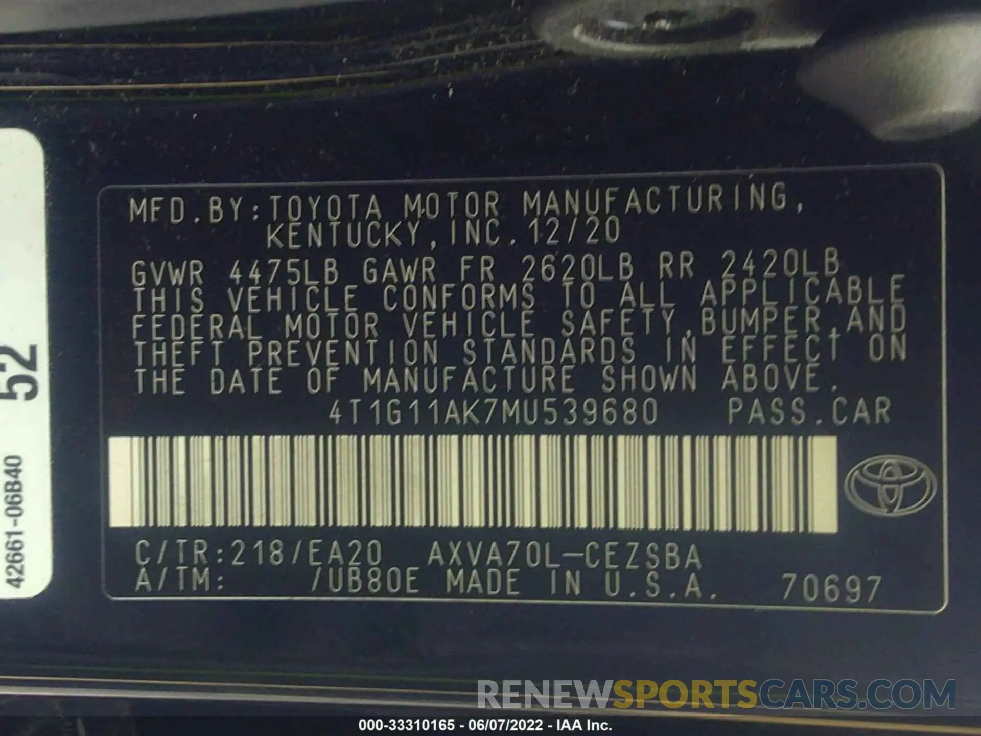 9 fotografías del automóvil dañado 4T1G11AK7MU539680 TOYOTA CAMRY 2021