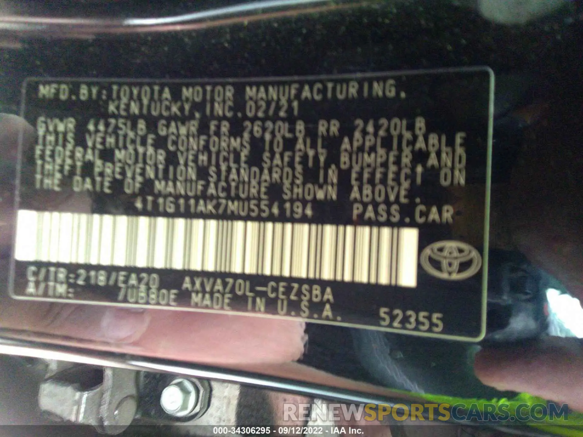 9 fotografías del automóvil dañado 4T1G11AK7MU554194 TOYOTA CAMRY 2021