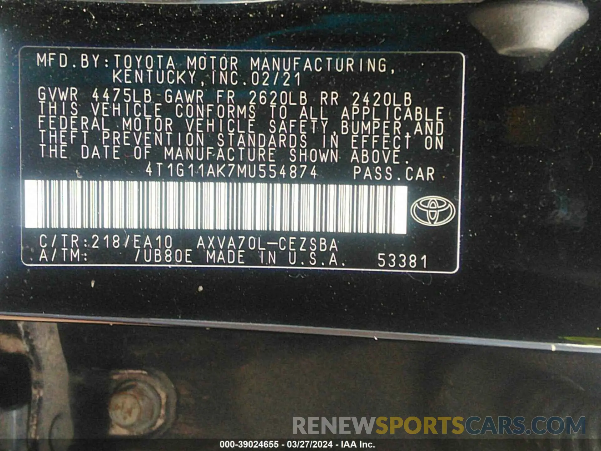 9 fotografías del automóvil dañado 4T1G11AK7MU554874 TOYOTA CAMRY 2021