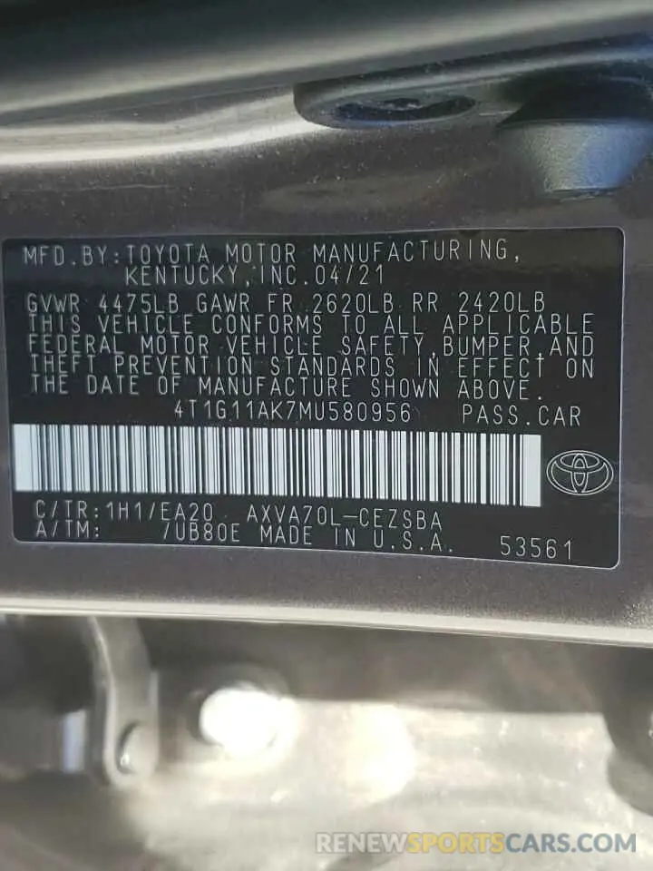 10 fotografías del automóvil dañado 4T1G11AK7MU580956 TOYOTA CAMRY 2021