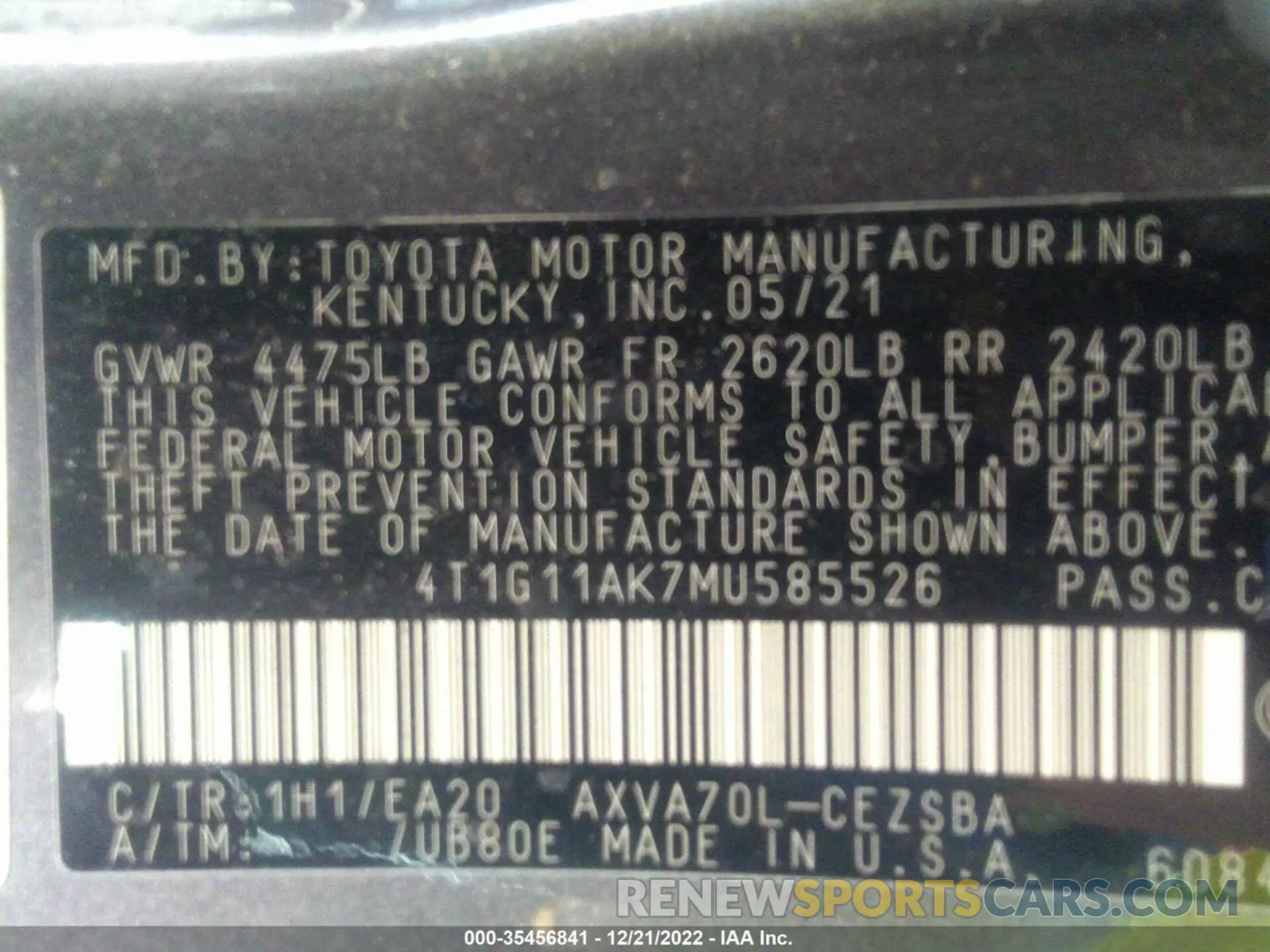 9 fotografías del automóvil dañado 4T1G11AK7MU585526 TOYOTA CAMRY 2021