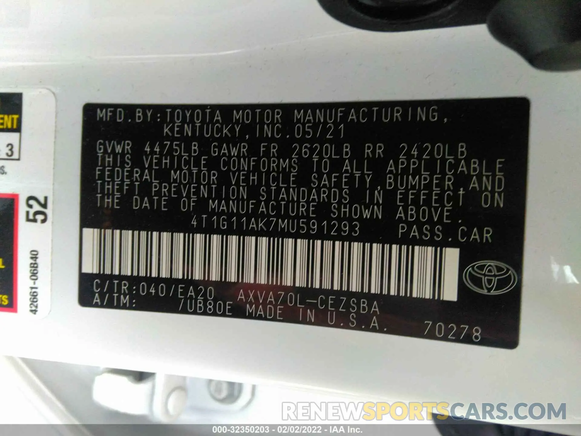 9 fotografías del automóvil dañado 4T1G11AK7MU591293 TOYOTA CAMRY 2021