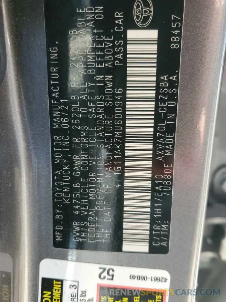 13 fotografías del automóvil dañado 4T1G11AK7MU600946 TOYOTA CAMRY 2021