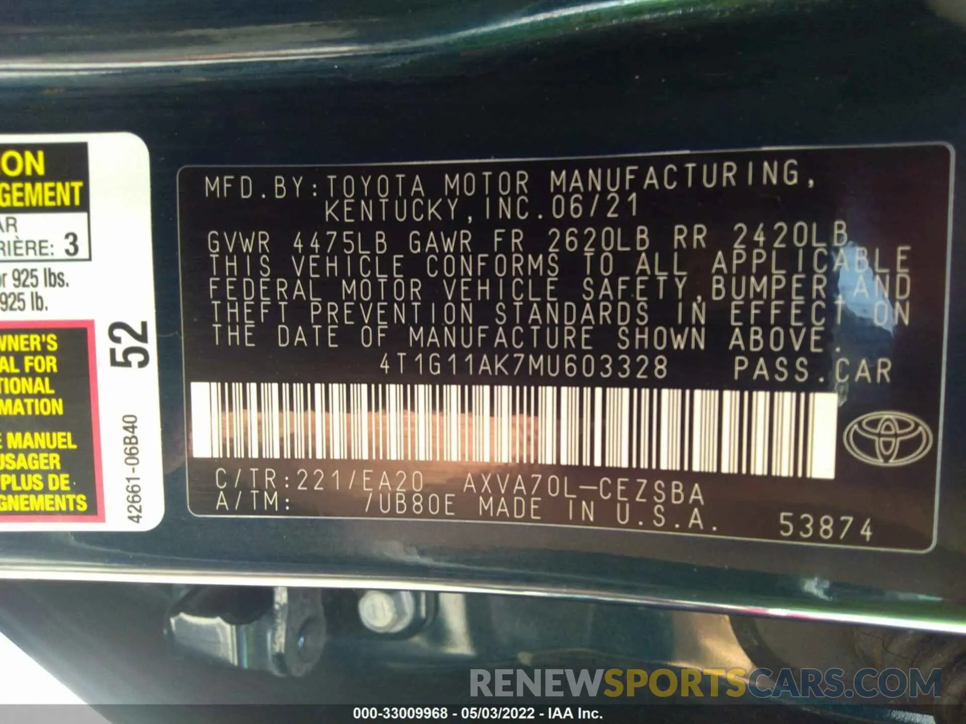 9 fotografías del automóvil dañado 4T1G11AK7MU603328 TOYOTA CAMRY 2021