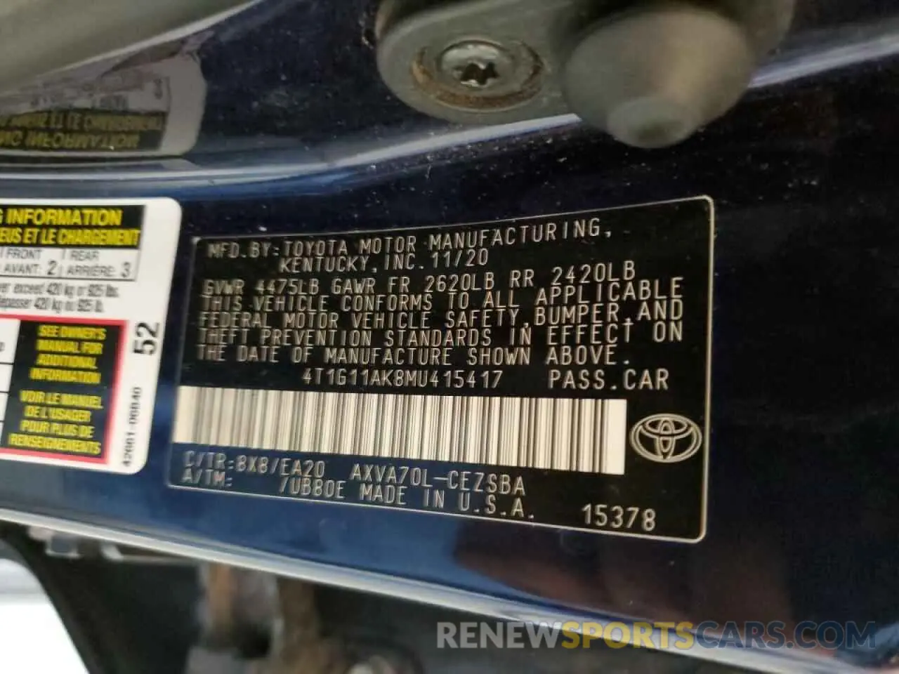 10 fotografías del automóvil dañado 4T1G11AK8MU415417 TOYOTA CAMRY 2021