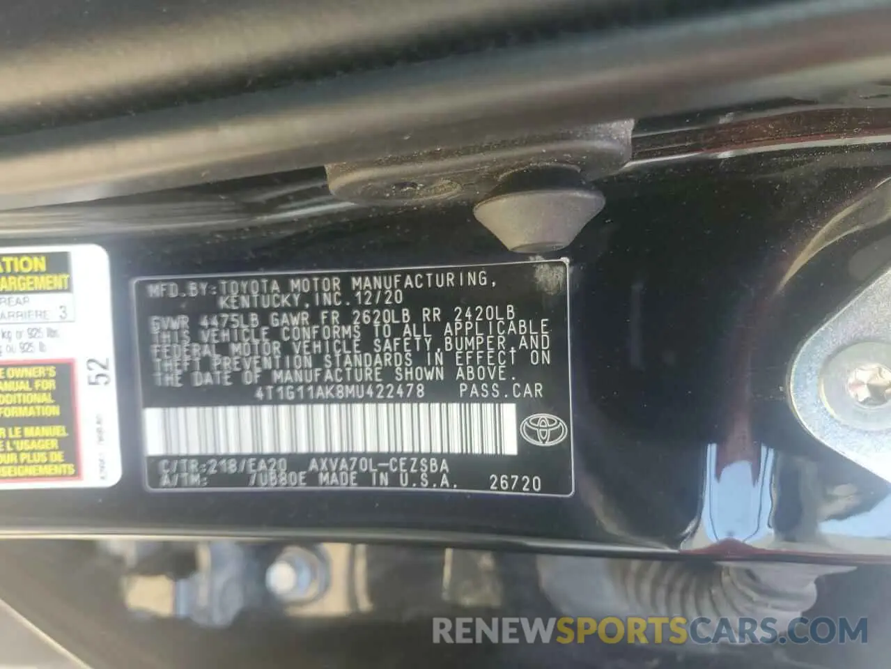 12 fotografías del automóvil dañado 4T1G11AK8MU422478 TOYOTA CAMRY 2021