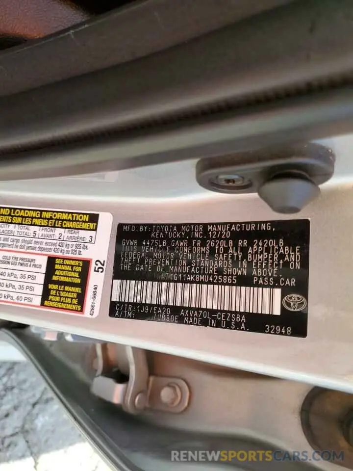 13 fotografías del automóvil dañado 4T1G11AK8MU425865 TOYOTA CAMRY 2021