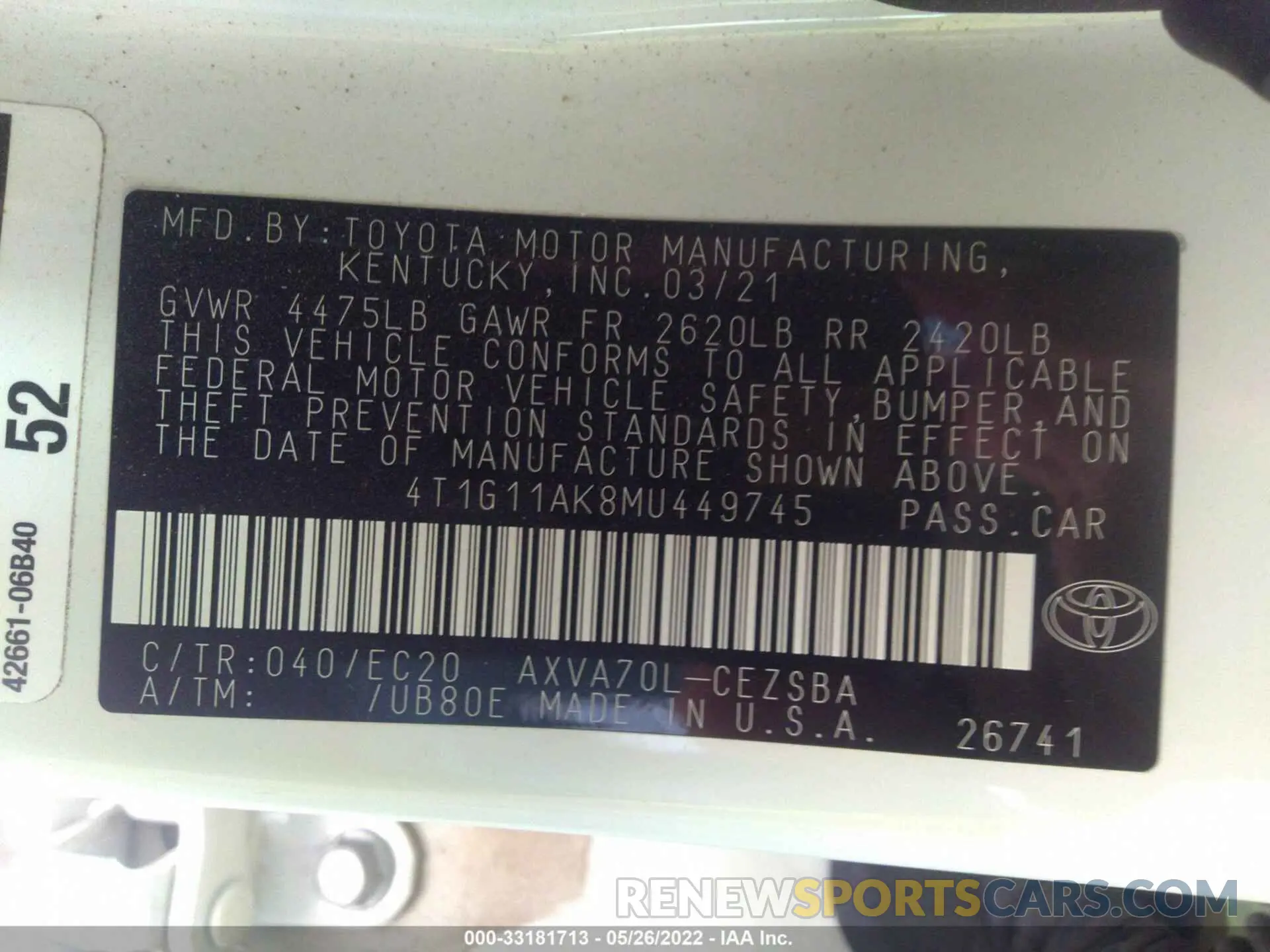 9 fotografías del automóvil dañado 4T1G11AK8MU449745 TOYOTA CAMRY 2021