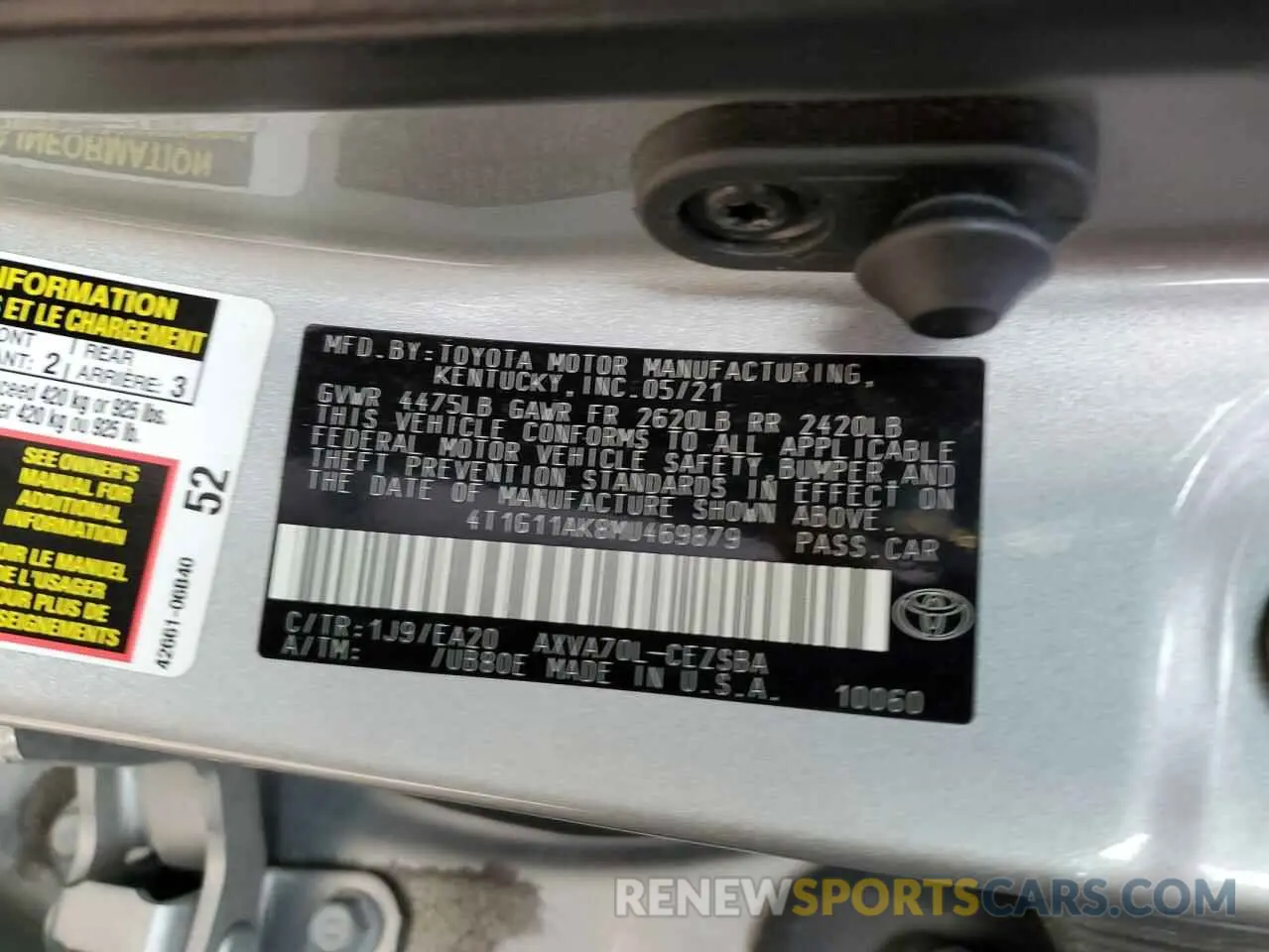 13 fotografías del automóvil dañado 4T1G11AK8MU469879 TOYOTA CAMRY 2021