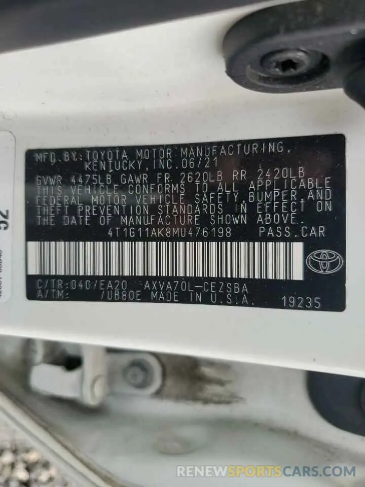 12 fotografías del automóvil dañado 4T1G11AK8MU476198 TOYOTA CAMRY 2021