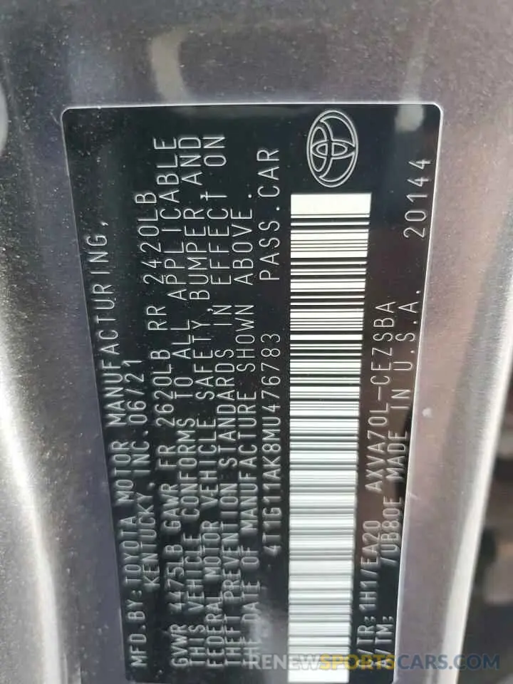 13 fotografías del automóvil dañado 4T1G11AK8MU476783 TOYOTA CAMRY 2021