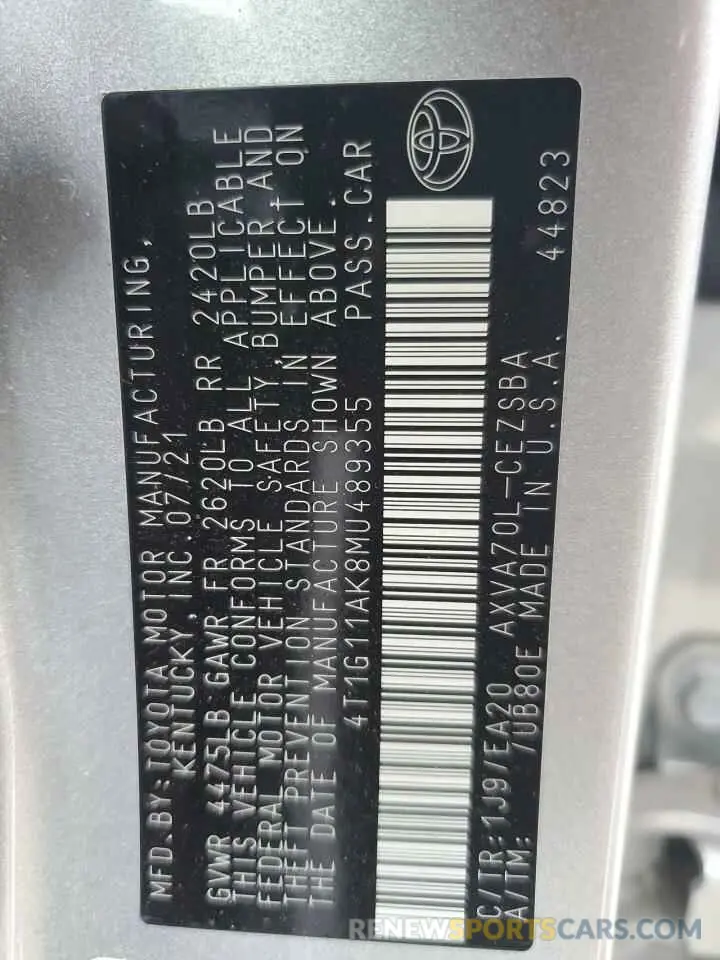 12 fotografías del automóvil dañado 4T1G11AK8MU489355 TOYOTA CAMRY 2021